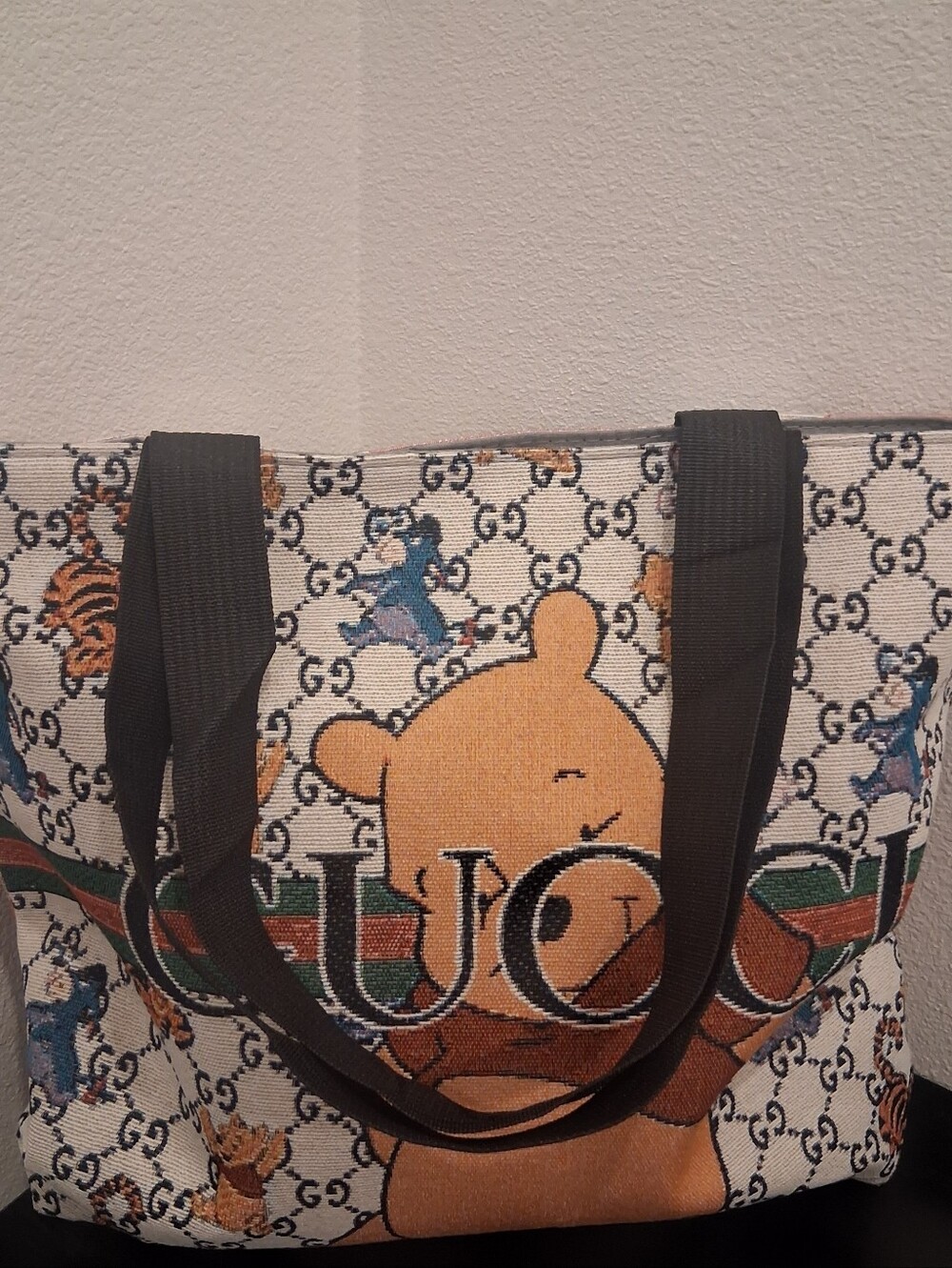 Gucci Beige Canvas Winnie-the-Pooh Graphic Tote with Black Straps